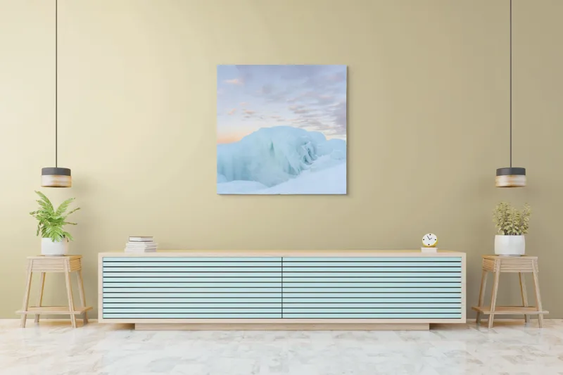 Tablou Canvas, "Gheață albastră sub cerul roz", Gheață, Ocean, Cer, Apus, Nor, Albastru, Roz, Peisaj, Rece, Liniște, 100 x 100 cm – poza 5