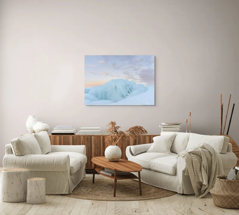 Tablou Canvas, "Gheață albastră sub cerul roz", Gheață, Ocean, Cer, Apus, Nor, Albastru, Roz, Peisaj, Rece, Liniște, 100 x 70 cm – poza 3