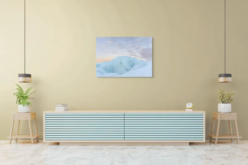 Tablou Canvas, "Gheață albastră sub cerul roz", Gheață, Ocean, Cer, Apus, Nor, Albastru, Roz, Peisaj, Rece, Liniște, 100 x 70 cm – poza 4