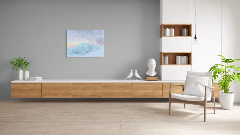 Tablou Canvas, "Gheață albastră sub cerul roz", Gheață, Ocean, Cer, Apus, Nor, Albastru, Roz, Peisaj, Rece, Liniște, 100 x 70 cm – poza 6