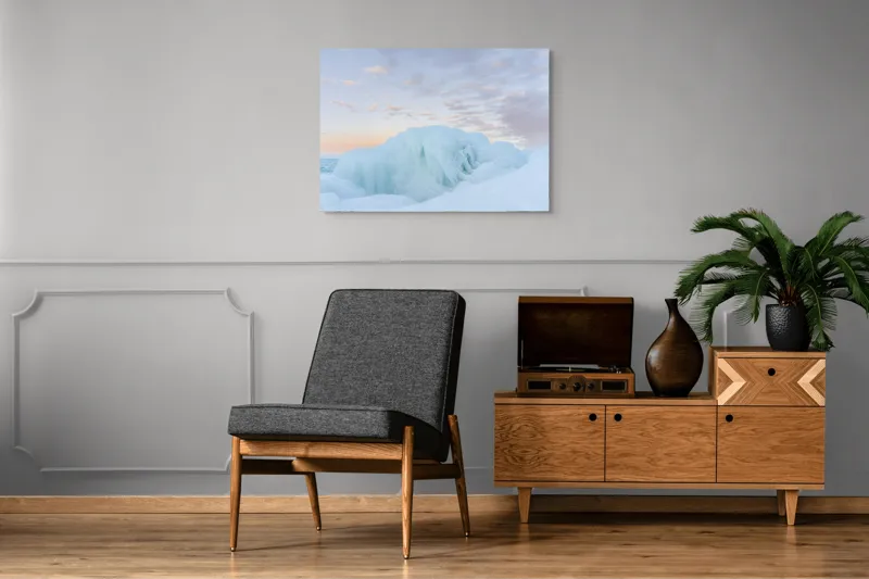 Tablou Canvas, "Gheață albastră sub cerul roz", Gheață, Ocean, Cer, Apus, Nor, Albastru, Roz, Peisaj, Rece, Liniște, 100 x 70 cm – poza 8