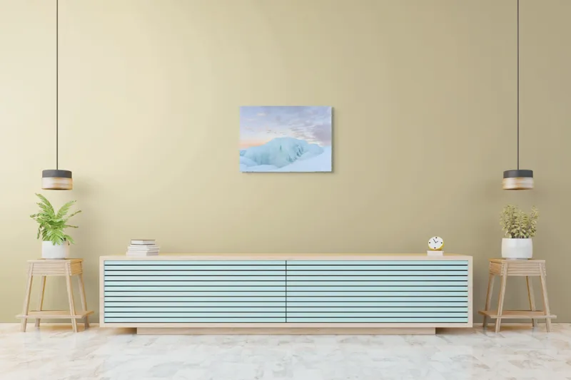 Tablou Canvas, "Gheață albastră sub cerul roz", Gheață, Ocean, Cer, Apus, Nor, Albastru, Roz, Peisaj, Rece, Liniște, 70 x 50 cm – poza 7