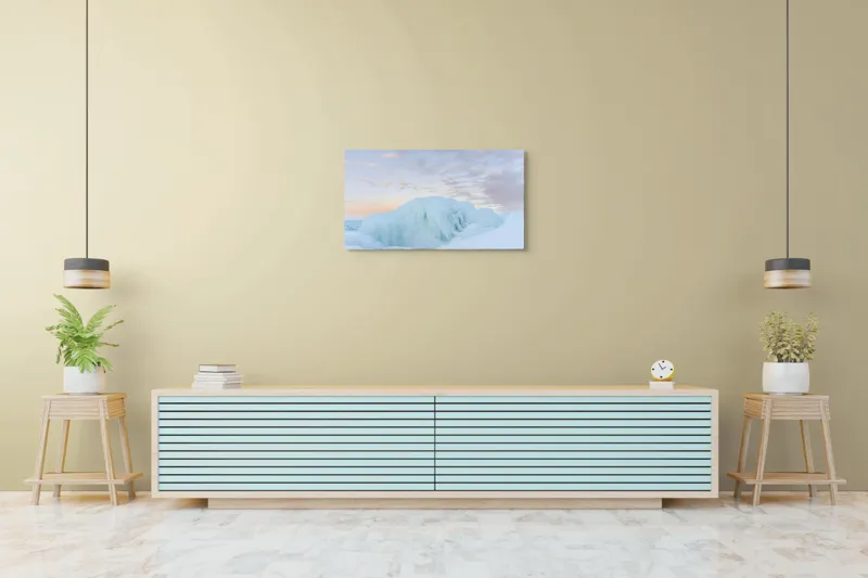 Tablou Canvas, "Gheață albastră sub cerul roz", Gheață, Ocean, Cer, Apus, Nor, Albastru, Roz, Peisaj, Rece, Liniște, 90 x 50 cm – poza 5