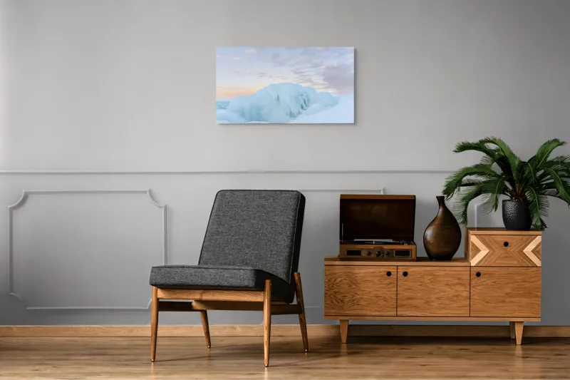 Tablou Canvas, "Gheață albastră sub cerul roz", Gheață, Ocean, Cer, Apus, Nor, Albastru, Roz, Peisaj, Rece, Liniște, 90 x 50 cm – poza 6