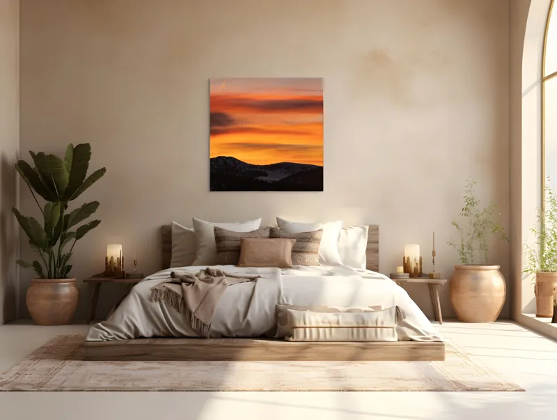 Tablou Canvas, "Aurora zorilor peste munți liniștiți", Apus, Liniște, Munți, Cer, Nori, Siluetă, Portocaliu, Umbre, 100 x 100 cm – poza 4