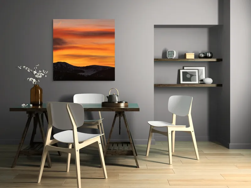 Tablou Canvas, "Aurora zorilor peste munți liniștiți", Apus, Liniște, Munți, Cer, Nori, Siluetă, Portocaliu, Umbre, 100 x 100 cm – poza 6