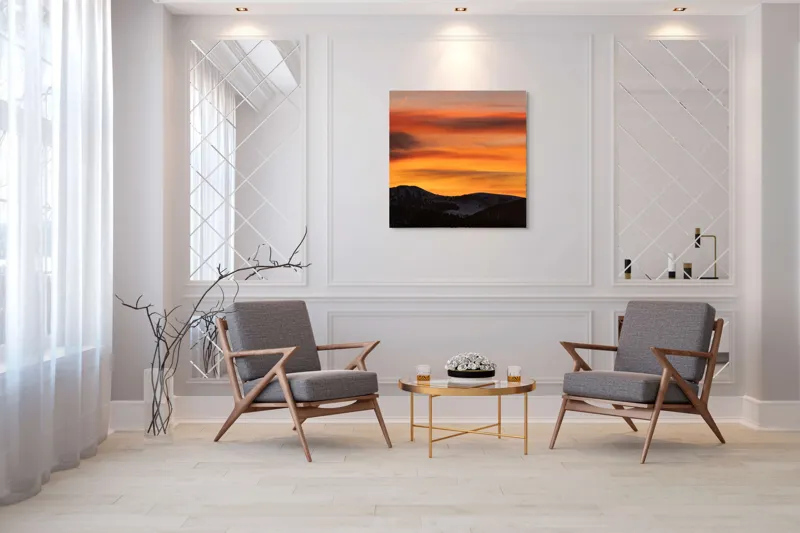 Tablou Canvas, "Aurora zorilor peste munți liniștiți", Apus, Liniște, Munți, Cer, Nori, Siluetă, Portocaliu, Umbre, 100 x 100 cm – poza 7