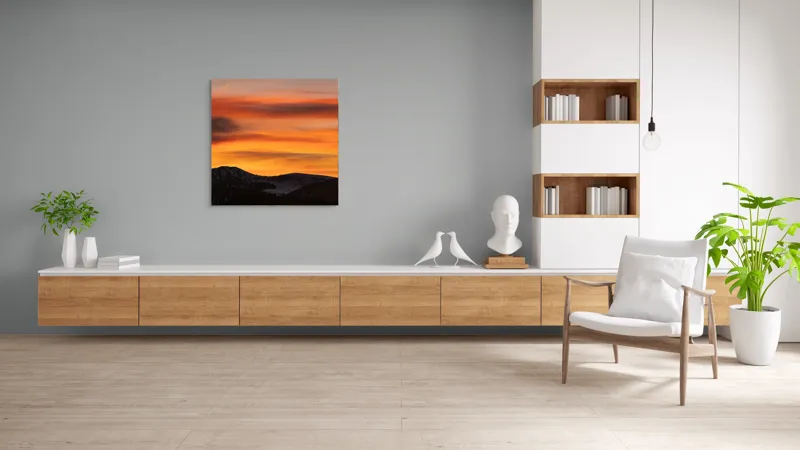 Tablou Canvas, "Aurora zorilor peste munți liniștiți", Apus, Liniște, Munți, Cer, Nori, Siluetă, Portocaliu, Umbre, 100 x 100 cm – poza 8