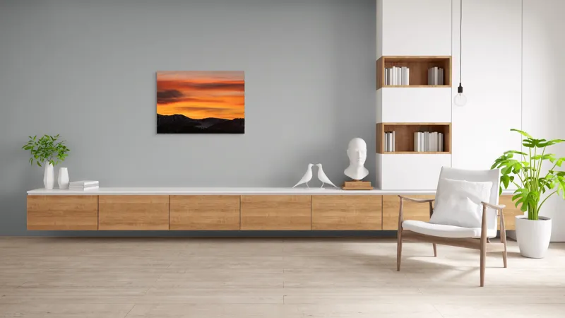 Tablou Canvas, "Aurora zorilor peste munți liniștiți", Apus, Liniște, Munți, Cer, Nori, Siluetă, Portocaliu, Umbre, 100 x 70 cm – poza 6