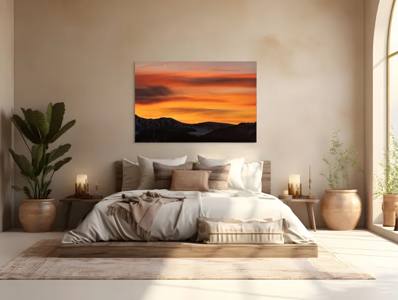 Tablou Canvas, "Aurora zorilor peste munți liniștiți", Apus, Liniște, Munți, Cer, Nori, Siluetă, Portocaliu, Umbre, 150 x 100 cm – poza 4