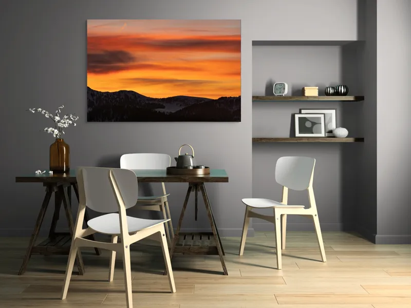 Tablou Canvas, "Aurora zorilor peste munți liniștiți", Apus, Liniște, Munți, Cer, Nori, Siluetă, Portocaliu, Umbre, 150 x 100 cm – poza 5