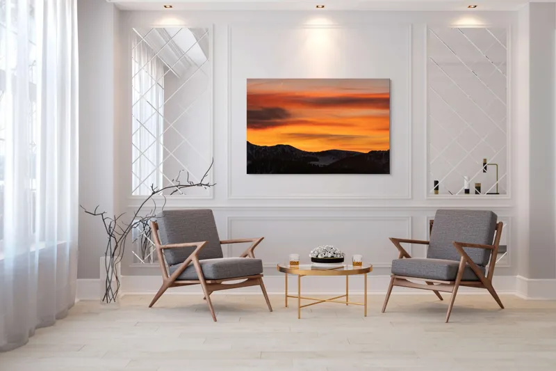 Tablou Canvas, "Aurora zorilor peste munți liniștiți", Apus, Liniște, Munți, Cer, Nori, Siluetă, Portocaliu, Umbre, 150 x 100 cm – poza 7