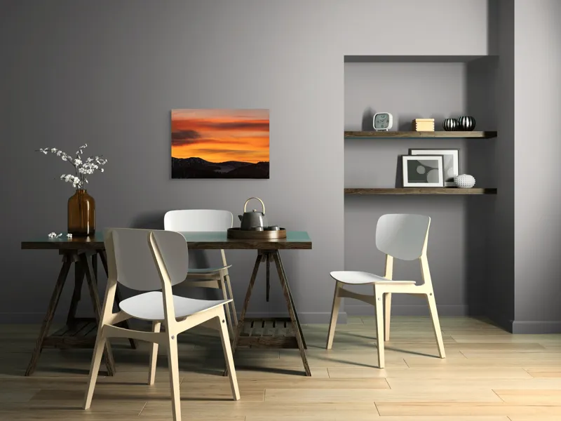 Tablou Canvas, "Aurora zorilor peste munți liniștiți", Apus, Liniște, Munți, Cer, Nori, Siluetă, Portocaliu, Umbre, 70 x 50 cm – poza 5