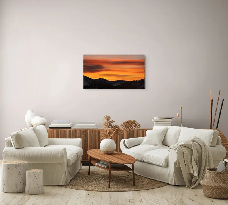 Tablou Canvas, "Aurora zorilor peste munți liniștiți", Apus, Liniște, Munți, Cer, Nori, Siluetă, Portocaliu, Umbre, 90 x 50 cm – poza 4