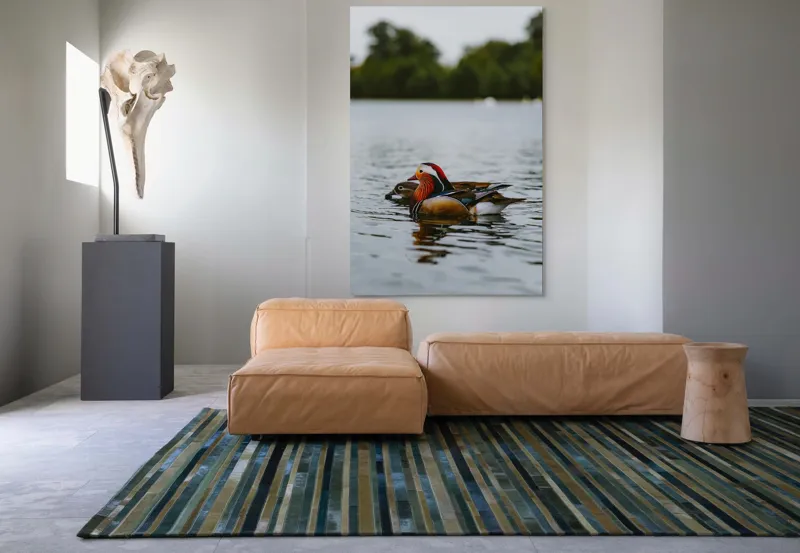 Tablou Canvas, "Rațe mandarine pe lac liniștit", Rațe, Apă, Lac, Pădure, Natură, Pene, Calm, Reflexie, Verde, Plutire, 100 x 150 cm – poza 7