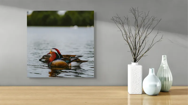 Tablou Canvas, "Rațe mandarine pe lac liniștit", Rațe, Apă, Lac, Pădure, Natură, Pene, Calm, Reflexie, Verde, Plutire, 50 x 50 cm – poza 3