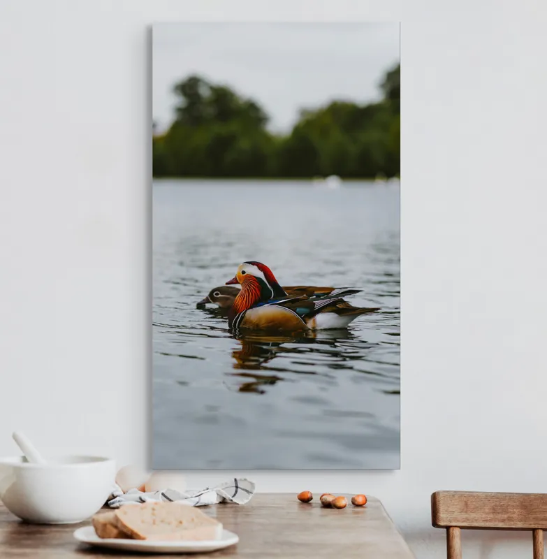 Tablou Canvas, "Rațe mandarine pe lac liniștit", Rațe, Apă, Lac, Pădure, Natură, Pene, Calm, Reflexie, Verde, Plutire, 50 x 90 cm – poza 3