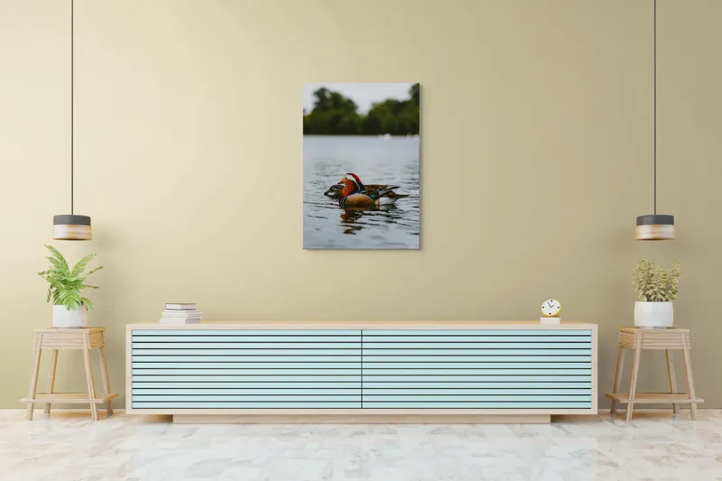 Tablou Canvas, "Rațe mandarine pe lac liniștit", Rațe, Apă, Lac, Pădure, Natură, Pene, Calm, Reflexie, Verde, Plutire, 70 x 100 cm – poza 5