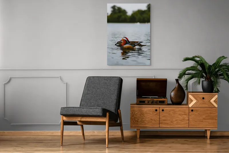 Tablou Canvas, "Rațe mandarine pe lac liniștit", Rațe, Apă, Lac, Pădure, Natură, Pene, Calm, Reflexie, Verde, Plutire, 70 x 100 cm – poza 6