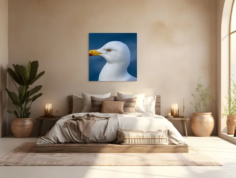 Tablou Canvas, "Pescărușul privind orizontul marin", Pasăre, Pescăruș, Alb, Cioc, Galben, Ochi, Albastru, Cer., 100 x 100 cm – poza 4