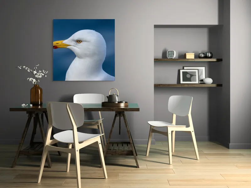 Tablou Canvas, "Pescărușul privind orizontul marin", Pasăre, Pescăruș, Alb, Cioc, Galben, Ochi, Albastru, Cer., 100 x 100 cm – poza 6