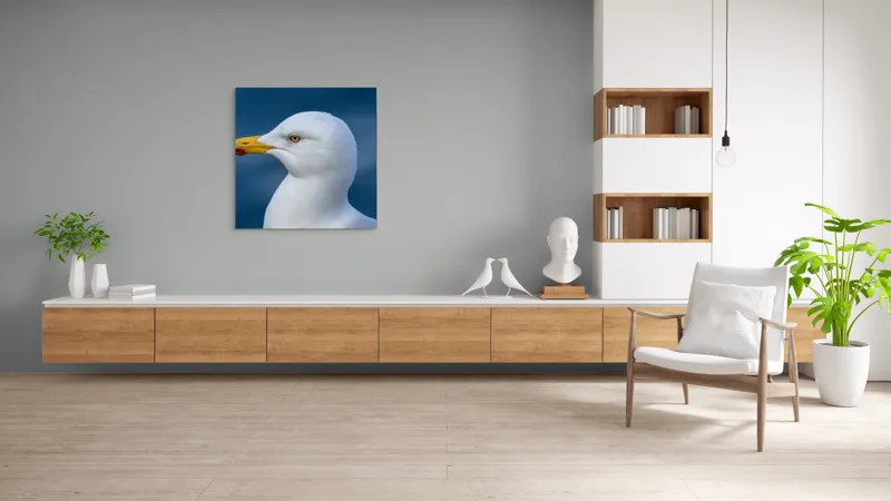 Tablou Canvas, "Pescărușul privind orizontul marin", Pasăre, Pescăruș, Alb, Cioc, Galben, Ochi, Albastru, Cer., 100 x 100 cm – poza 8