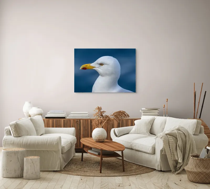 Tablou Canvas, "Pescărușul privind orizontul marin", Pasăre, Pescăruș, Alb, Cioc, Galben, Ochi, Albastru, Cer., 100 x 70 cm – poza 3