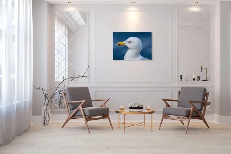 Tablou Canvas, "Pescărușul privind orizontul marin", Pasăre, Pescăruș, Alb, Cioc, Galben, Ochi, Albastru, Cer., 100 x 70 cm – poza 5