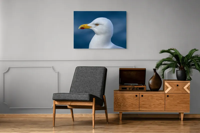 Tablou Canvas, "Pescărușul privind orizontul marin", Pasăre, Pescăruș, Alb, Cioc, Galben, Ochi, Albastru, Cer., 100 x 70 cm – poza 8