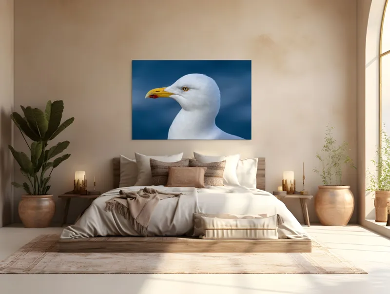 Tablou Canvas, "Pescărușul privind orizontul marin", Pasăre, Pescăruș, Alb, Cioc, Galben, Ochi, Albastru, Cer., 150 x 100 cm – poza 4