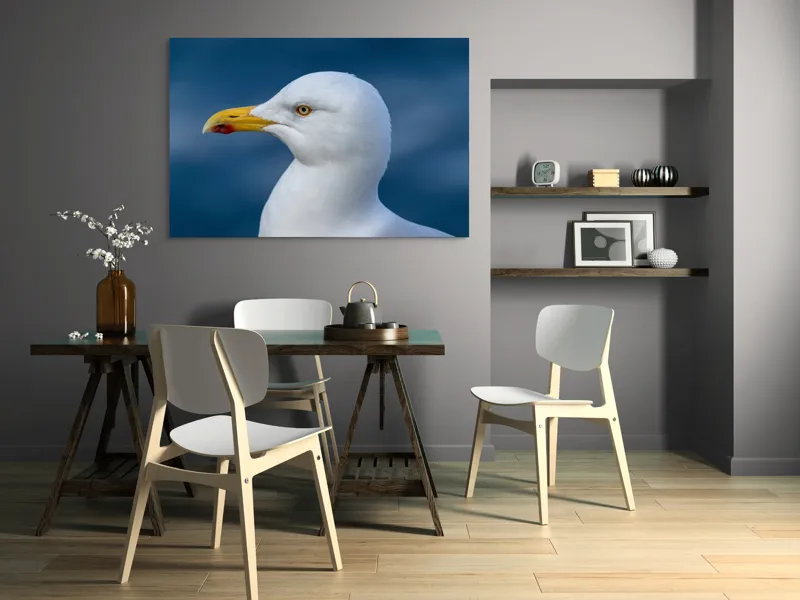 Tablou Canvas, "Pescărușul privind orizontul marin", Pasăre, Pescăruș, Alb, Cioc, Galben, Ochi, Albastru, Cer., 150 x 100 cm – poza 5