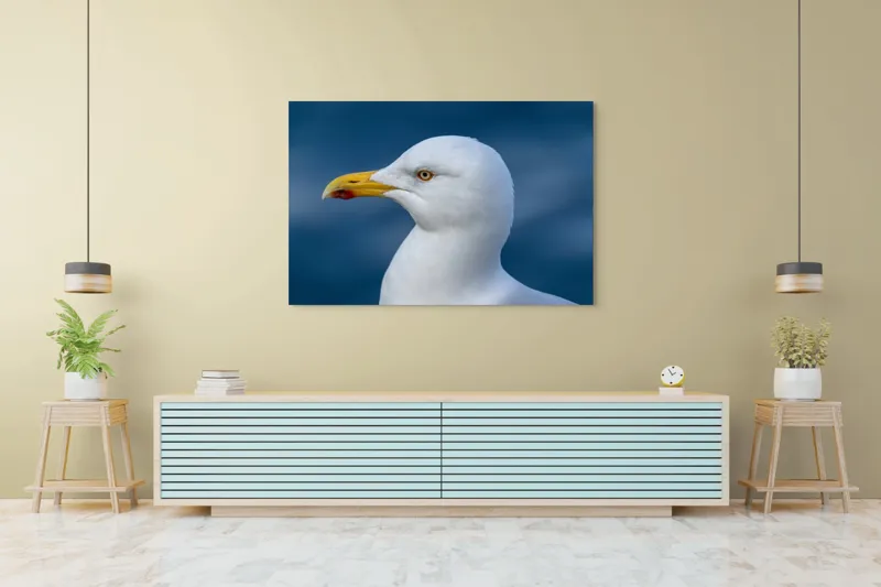 Tablou Canvas, "Pescărușul privind orizontul marin", Pasăre, Pescăruș, Alb, Cioc, Galben, Ochi, Albastru, Cer., 150 x 100 cm – poza 6