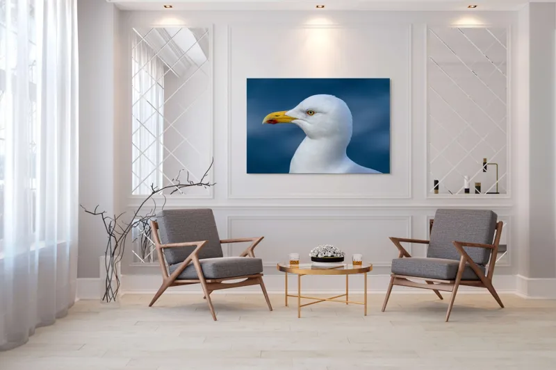 Tablou Canvas, "Pescărușul privind orizontul marin", Pasăre, Pescăruș, Alb, Cioc, Galben, Ochi, Albastru, Cer., 150 x 100 cm – poza 7