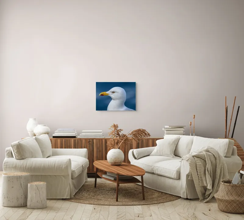 Tablou Canvas, "Pescărușul privind orizontul marin", Pasăre, Pescăruș, Alb, Cioc, Galben, Ochi, Albastru, Cer., 54 x 39 cm – poza 5