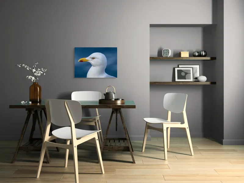 Tablou Canvas, "Pescărușul privind orizontul marin", Pasăre, Pescăruș, Alb, Cioc, Galben, Ochi, Albastru, Cer., 70 x 50 cm – poza 5