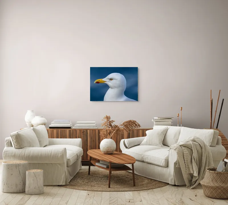 Tablou Canvas, "Pescărușul privind orizontul marin", Pasăre, Pescăruș, Alb, Cioc, Galben, Ochi, Albastru, Cer., 70 x 50 cm – poza 6