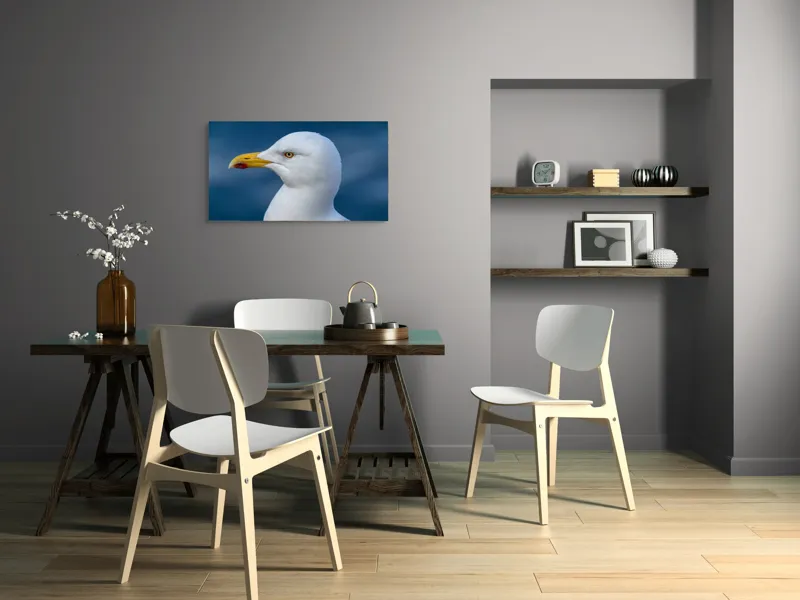 Tablou Canvas, "Pescărușul privind orizontul marin", Pasăre, Pescăruș, Alb, Cioc, Galben, Ochi, Albastru, Cer., 90 x 50 cm – poza 3