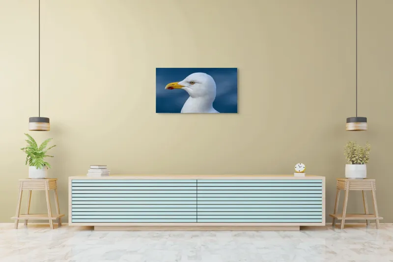 Tablou Canvas, "Pescărușul privind orizontul marin", Pasăre, Pescăruș, Alb, Cioc, Galben, Ochi, Albastru, Cer., 90 x 50 cm – poza 5