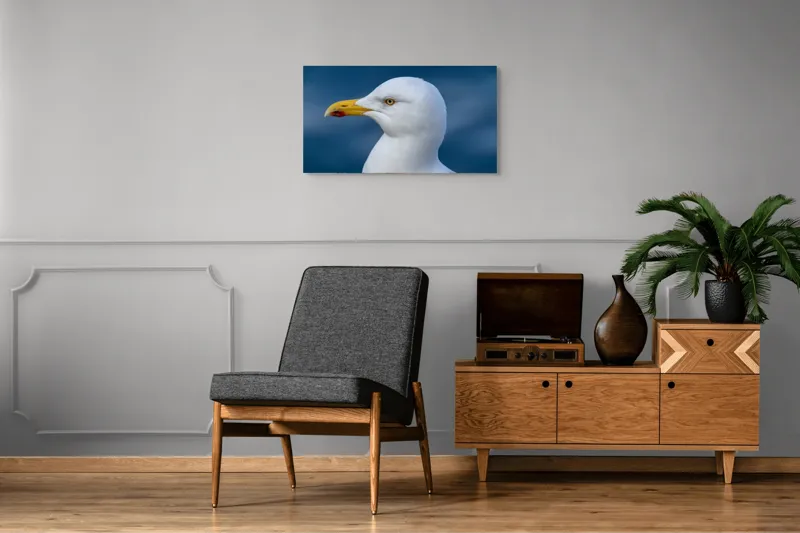 Tablou Canvas, "Pescărușul privind orizontul marin", Pasăre, Pescăruș, Alb, Cioc, Galben, Ochi, Albastru, Cer., 90 x 50 cm – poza 6
