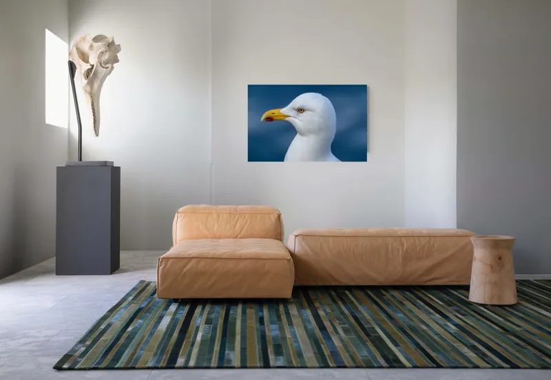 Tablou Canvas, "Pescărușul privind orizontul marin", Pasăre, Pescăruș, Alb, Cioc, Galben, Ochi, Albastru, Cer., 90 x 50 cm – poza 8