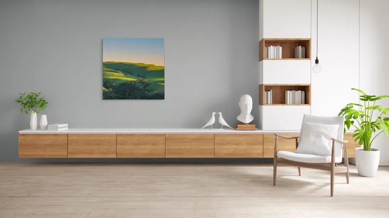 Tablou Canvas, "Colinele verzi sub cerul senin", Verde, Coline, Apus, Peisaj, Armonie, Natură, Liniște, Lumini, Umbre, 100 x 100 cm – poza 8