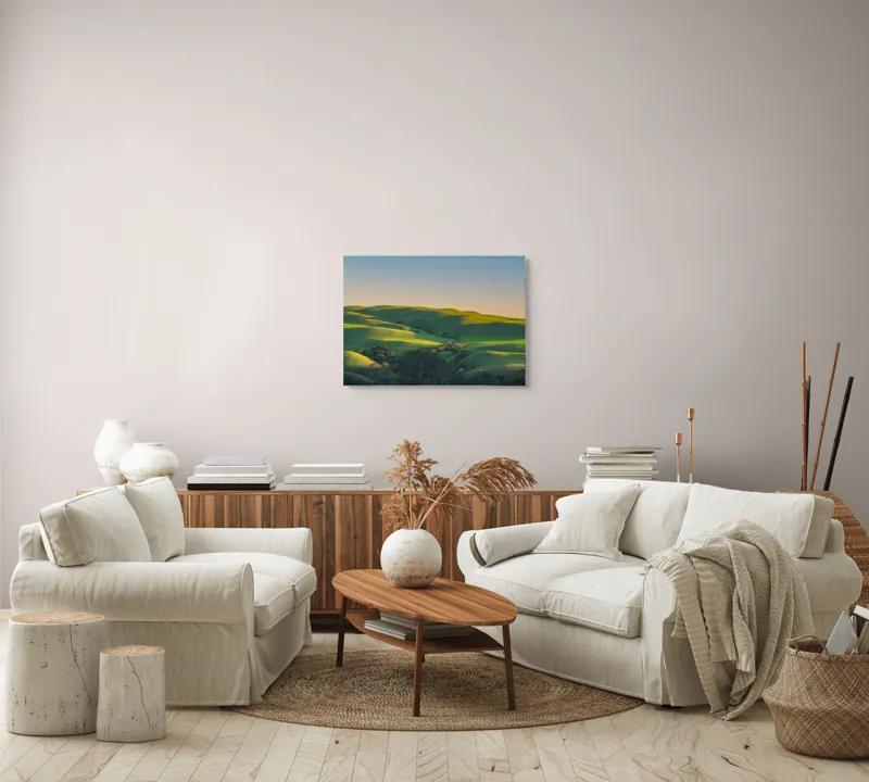 Tablou Canvas, "Colinele verzi sub cerul senin", Verde, Coline, Apus, Peisaj, Armonie, Natură, Liniște, Lumini, Umbre, 70 x 50 cm – poza 6