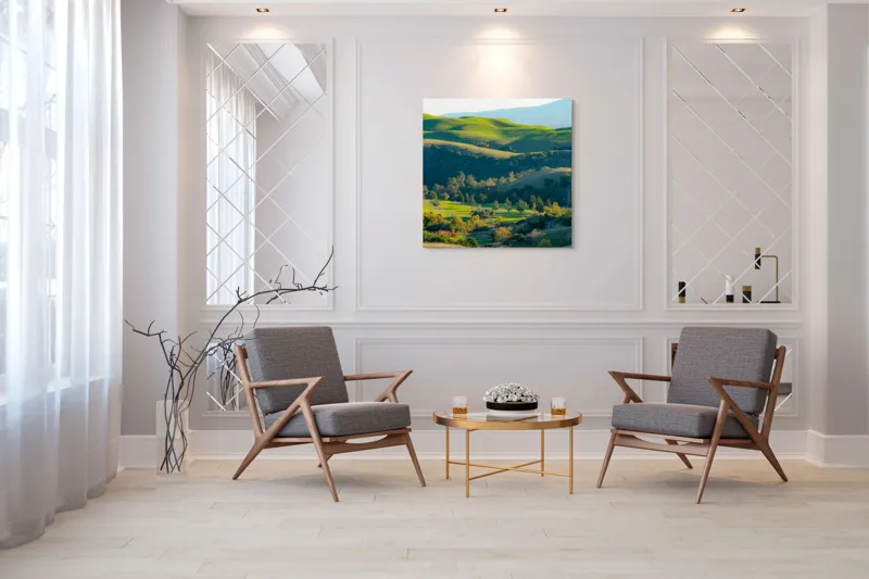 Tablou Canvas, "Culorile verzi ale dealurilor îmbrățișate", Verdant, Coline, Luminos, Arbori, Peisaj, Vale, Natură, Liniște, 100 x 100 cm – poza 7