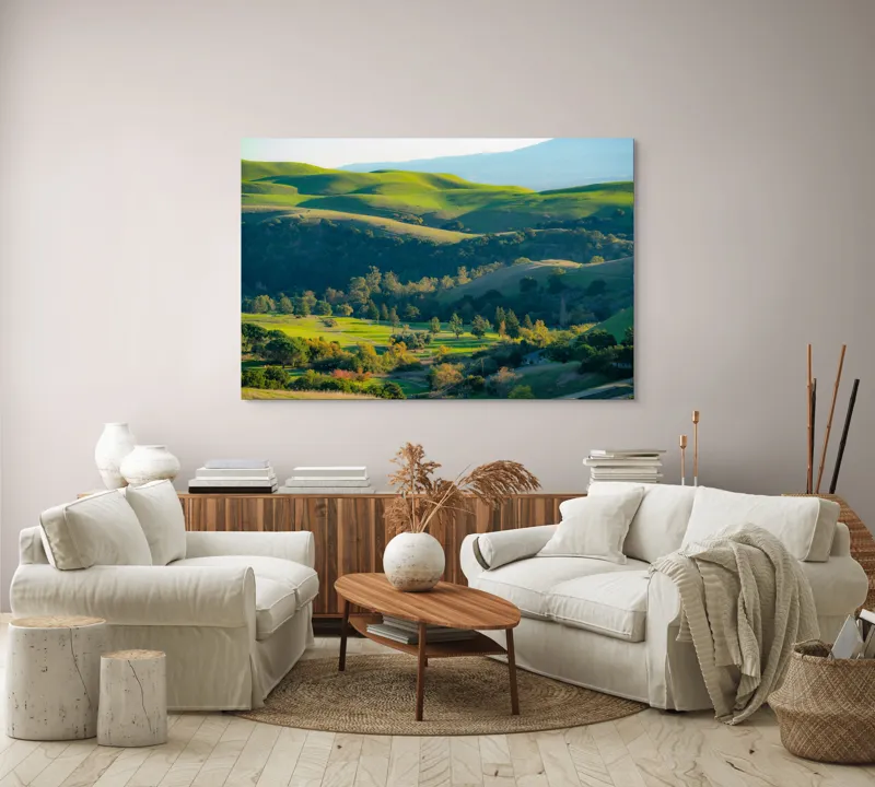 Tablou Canvas, "Culorile verzi ale dealurilor îmbrățișate", Verdant, Coline, Luminos, Arbori, Peisaj, Vale, Natură, Liniște, 150 x 100 cm – poza 3