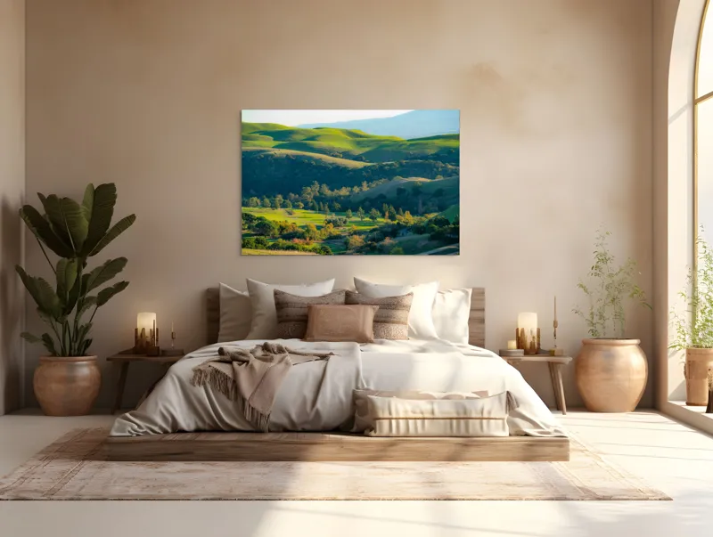 Tablou Canvas, "Culorile verzi ale dealurilor îmbrățișate", Verdant, Coline, Luminos, Arbori, Peisaj, Vale, Natură, Liniște, 150 x 100 cm – poza 4