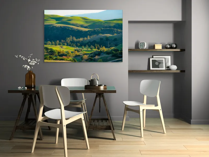 Tablou Canvas, "Culorile verzi ale dealurilor îmbrățișate", Verdant, Coline, Luminos, Arbori, Peisaj, Vale, Natură, Liniște, 150 x 100 cm – poza 5