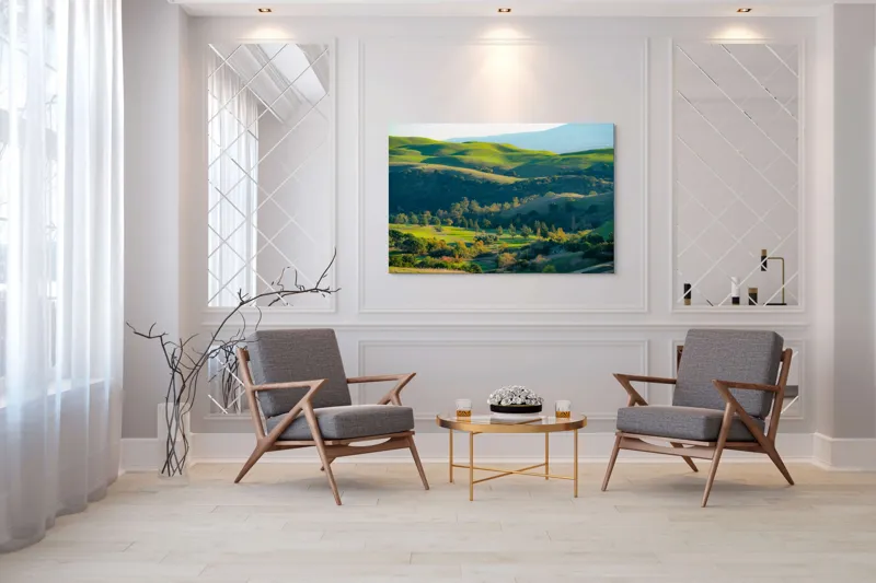 Tablou Canvas, "Culorile verzi ale dealurilor îmbrățișate", Verdant, Coline, Luminos, Arbori, Peisaj, Vale, Natură, Liniște, 150 x 100 cm – poza 7