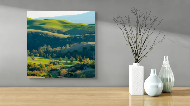 Tablou Canvas, "Culorile verzi ale dealurilor îmbrățișate", Verdant, Coline, Luminos, Arbori, Peisaj, Vale, Natură, Liniște, 50 x 50 cm – poza 3