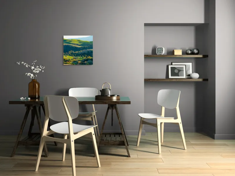 Tablou Canvas, "Culorile verzi ale dealurilor îmbrățișate", Verdant, Coline, Luminos, Arbori, Peisaj, Vale, Natură, Liniște, 50 x 50 cm – poza 8