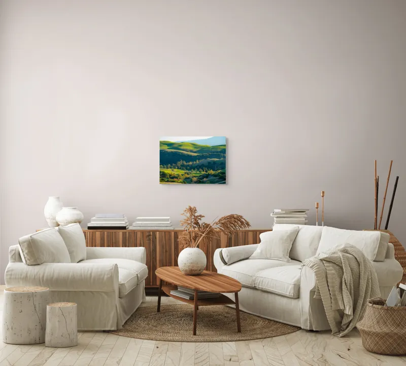 Tablou Canvas, "Culorile verzi ale dealurilor îmbrățișate", Verdant, Coline, Luminos, Arbori, Peisaj, Vale, Natură, Liniște, 54 x 39 cm – poza 5
